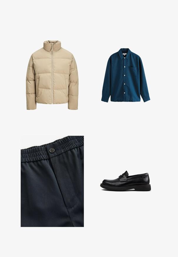 Chaqueta de plumas beige con cuello alto, cierre frontal con cremallera, corte oversized, secciones acolchadas horizontales y bolsillos laterales.; Camisa de botones de manga larga azul con collar clásico, un bolsillo en el pecho y botones blancos. Textura suave con un ligero brillo.; Tejido ligero en color azul marino con una textura suave. Presenta una cintura elástica con cierre de botón y un bolsillo lateral.; Mocasín negro de cuero, sin tacón, con punta redonda, suela baja y banda decorativa en la parte superior.