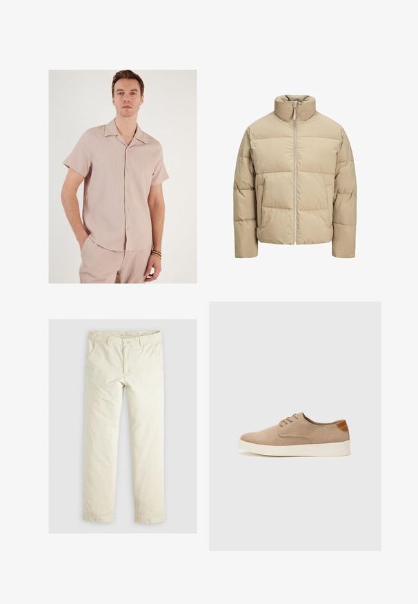 Beige Pufferjacke mit hohem Kragen, vorderem Reißverschluss, oversized Passform, horizontalen Steppnähten und seitlichen Taschen.; Kurzarmhemd in Hellrosa, aus geripptem Stoff. Hat einen Kragen und Knöpfe entlang der Vorderseite, mit einer lockeren Passform.; Helle beigefarbene, lässig geschnittene Hose mit drei Taschen, Gürtelschlaufen und geradem Bein. Hergestellt aus einem weichen Baumwoll-Mix.; Beige Wildleder-Sneaker mit runder Zehenpartie, Schnürung und strukturiertem Rückenteil. Die weiße Gummisohle sorgt für einen Kontrast. Einfaches und modernes Design.