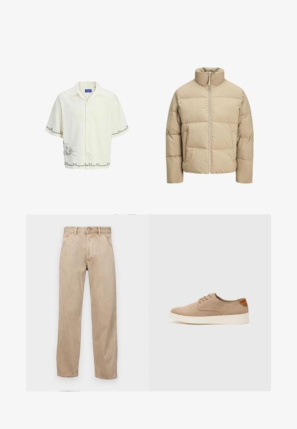 Šviesiai ruda pūkuota striukė su aukštu apykakle, priekyje užtrauktuku, dideliu kirpimu, horizontaliai siuvinėtomis dalimis ir šoninėmis kišenėmis.; Šviesiai kreminės spalvos, trumpomis rankovėmis marškiniai su apykakle, ant kurių priekyje yra pilkos spalvos eskizas ir dekoratyviniai kraštai.; Smėlio spalvos džinsai su tiesia kojų siluetu, turintys priekinę kišenę, metalinį mygtuką ir subtilią tekstūrą.; Bežiniai zomšiniai sportbačiai su apvaliomis pirštų dalimis, raišteliais priekyje ir tekstūruotu užkulniu. Balta guma suteikia kontrastą. Paprastas ir modernus dizainas.