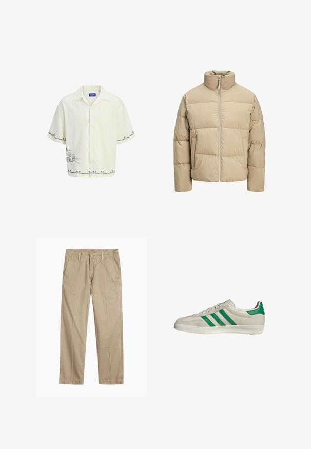 Giubbotto imbottito beige con colletto alto, chiusura frontale a zip, vestibilità oversize, sezioni trapuntate orizzontali e tasche laterali.; Camicia a maniche corte di un leggero color crema con colletto, caratterizzata da un disegno a schizzo grigio sulla parte frontale e dettagli decorativi all'orlo.; Chinos beige a gamba dritta con passanti per cintura, chiusura frontale a bottone e zip, e tasche laterali inclinati.; Sneaker beige con strisce verdi, con suola bianca e tomaia in pelle liscia. Vista laterale che evidenzia i dettagli dei lacci e il logo.