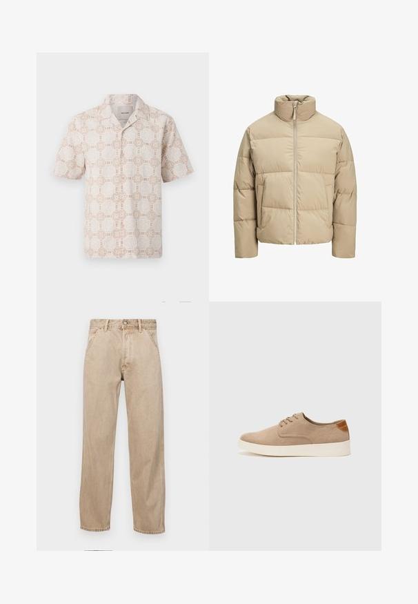 Beige pufferjack met een hoge kraag, ritssluiting aan de voorkant, oversized pasvorm, horizontaal doorgestikte secties en zijzakken.; Korte mouwen shirt in lichtbeige met een bloemig geometrisch patroon in crème. Kenmerkt zich door een puntkraag en een relaxte pasvorm.; Beige denim jeans met een recht gesneden ontwerp, voorzien van voorzakken, een metalen knoopsluiting en een subtiele textuur.; Beige suède sneakers met een ronde neus, vetersluiting aan de voorkant en een getextureerde achteraccent. De witte rubberen zool zorgt voor contrast. Eenvoudig en modern ontwerp.