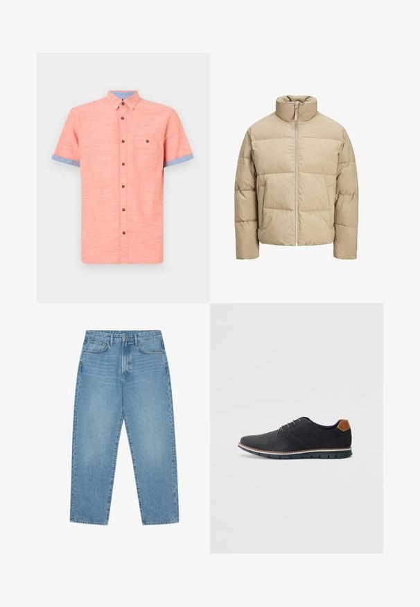 Šviesiai ruda pūkuota striukė su aukštu apykakle, priekyje užtrauktuku, dideliu kirpimu, horizontaliai siuvinėtomis dalimis ir šoninėmis kišenėmis.; Koralų spalvos trumpomis rankovėmis marškiniai su mygtukais, su mėlynu apykakle ir rankogalių akcentais, su kišenės užsegimu ir rudais mygtukais. Tekstūruotas audinys.; Šviesiai mėlyni džinsai su plačiomis kojomis ir aukštu liemeniu, turintys penkias kišenes, diržo kilpas ir švelnų, šiek tiek išblukusį tekstūrą.; Juodi sintetiniai batai su tekstūruotu paviršiumi, lygiomis detalėmis, ruda kulna ir kontrastingu padu. Yra minimalus raištelių užsidėjimas ir siuvimo detalės.