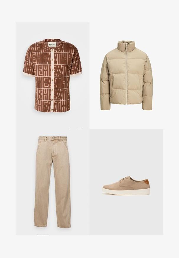 Jachetă de tip puffer bej, cu guler înalt, închidere prin fermoar frontal, croială supradimensionată, secțiuni cusute orizontal și buzunare laterale.; Cămașă cu mâneci scurte, de culoare marron, cu un model repetitiv "HEATHE". Închidere frontală cu nasturi și accente bej, cu guler. Material moale, texturat.; Jeans din denim bej cu un design drept, care prezintă buzunare frontale, închidere cu buton metalic și o textură subtilă.; Tenisi din suede bej cu vârf rotund, sistem de șireturi în față și un accent texturat în spate. Talpa albă din cauciuc oferă un contrast. Design simplu și modern.