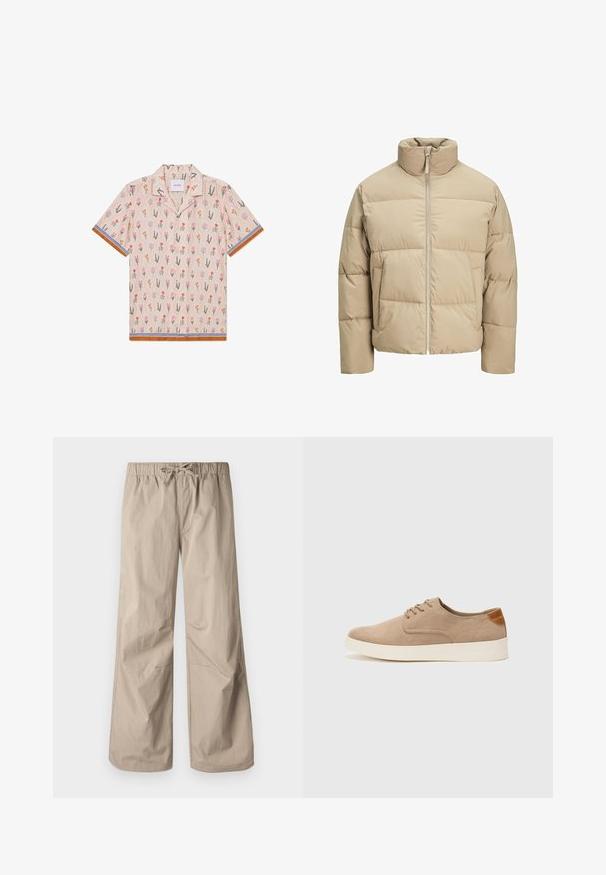 Beige pūka veste ar augstu apkakli, priekšējo rāvējslēdzēju, pārmērīgi plašu piegriezumu, horizontālām kvadrātveida šuvēm un sānu kabatām.; Īsām piedurknēm krekls bēšā krāsā ar ziedu rakstu, kurā redzami rozā, oranži un zaļi zīmējumi. Apīmēts ar svītrainām zilo un brūno apmalēm.; Bežīgas platās bikses ar elastīgu jostu un saiti. Gluda tekstūra, divas sānu kabatas un minimāli šuvi brīvai piegriezumam.; Beige zamšādas kedas ar noapaļotu purngala daļu, auklēm saplacinātu priekšpusi un teksturētu aizmugures akcentu. Balta gumijas zole nodrošina kontrastu. Vienkāršs un mūsdienīgs dizains.