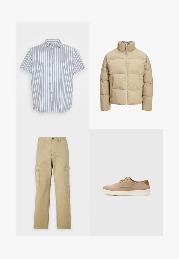 Giubbotto imbottito beige con colletto alto, chiusura frontale a zip, vestibilità oversize, sezioni trapuntate orizzontali e tasche laterali.; Camicia a maniche corte con bottoni di colore bianco e strisce verticali blu. Presenta un colletto classico e bottoni in legno lungo la parte anteriore.; Pantaloni cargo beige in cotone, dotati di due tasche laterali, chiusura con bottone e gamba dritta con tessuto leggermente texture.; Sneaker in suede beige con punta arrotondata, stringhe davanti e un accento testurizzato sul retro. La suola in gomma bianca offre un contrasto. Design semplice e moderno.