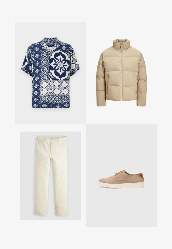 Giubbotto imbottito beige con colletto alto, chiusura frontale a zip, vestibilità oversize, sezioni trapuntate orizzontali e tasche laterali.; Camicia a maniche corte di colore blu navy con motivi floreali e geometrici, dotata di chiusura a bottoni, tessuto morbido e accenti verdi e bianchi a contrasto.; Pantaloni ampi di colore beige chiaro con tre tasche, passanti per la cintura e design a gamba dritta. Realizzati in un morbido tessuto misto cotone.; Sneaker in suede beige con punta arrotondata, stringhe davanti e un accento testurizzato sul retro. La suola in gomma bianca offre un contrasto. Design semplice e moderno.