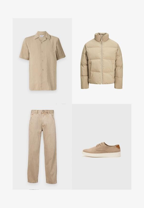 Beige Pufferjacke mit hohem Kragen, vorderem Reißverschluss, oversized Passform, horizontalen Steppnähten und seitlichen Taschen.; Beige Shirt mit kurzen Ärmeln aus einem leichten Stoff, mit durchgehender Knopfleiste, klassischem Kragen und leicht strukturierter Oberfläche.; Beige Denim-Jeans mit geradem Beinschnitt, ausgestattet mit Vordertaschen, einem Metallknopfverschluss und feiner Textur.; Beige Wildleder-Sneaker mit runder Zehenpartie, Schnürung und strukturiertem Rückenteil. Die weiße Gummisohle sorgt für einen Kontrast. Einfaches und modernes Design.