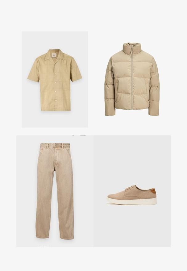 Beige puffatakki korkealla kauluksella, etuvetoketjulla, ylisuurella istuvuudella, vaakasuorilla tikkauksilla ja sivutaskuilla.; Lyhythihainen, napillinen paita vaaleanbeigeissä sävyissä, jossa on hienovarainen ruutukuvio. Valmistettu pehmeästä, teksturoidusta kankaasta; omaa klassisen kauluksen ja viisi nappia.; Beige farkkuhousut suoranlahkeisella muotoilulla, joissa on etutaskut, metallinen nappisulku ja hillitty rakenne.; Beige nubuck-lenkkarit, joissa on pyöreä kärki, nauhakiinnitys ja teksturoitu takaosa. Valkoinen kumipohja tuo kontrastia. Yksinkertainen ja moderni muotoilu.