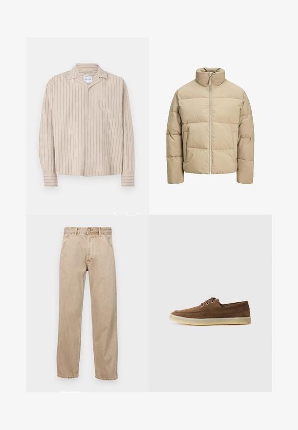 Beige pufferjack met een hoge kraag, ritssluiting aan de voorkant, oversized pasvorm, horizontaal doorgestikte secties en zijzakken.; Beige langemouwshirt met marineblauwe verticale strepen, knoopsluiting aan de voorkant en een kraag halslijn. Gemaakt van een zachte, gestructureerde stof.; Beige denim jeans met een recht gesneden ontwerp, voorzien van voorzakken, een metalen knoopsluiting en een subtiele textuur.; Bruine suede schoenen met een laag profiel, vetersluiting, rubberen zool en contrasterende stiksels. Eenvoudige en functionele stijl.