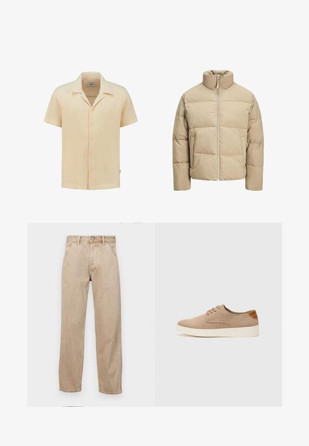 Béžová puffrová bunda s vysokým golierom, predným zipsovým uzávere, oversized strihom, horizontálne prešívanými sekciami a bočnými vreckami.; Krátky rukáv, svetlo béžová košeľa z textúrovaného, vaflového úpletu s golierom a piatimi gombíkovými zapínaniami.; Bežové denimové rifle so strihom rovného nohu, s prednými vreckami, kovovým zapínaním na gombík a jemnou textúrou.; Béžové semišové tenisky s okrúhlou špičkou, šnurovaním vpredu a textúrovaným zadným akcentom. Biela gumová podrážka poskytuje kontrast. Jednoduchý a moderný dizajn.