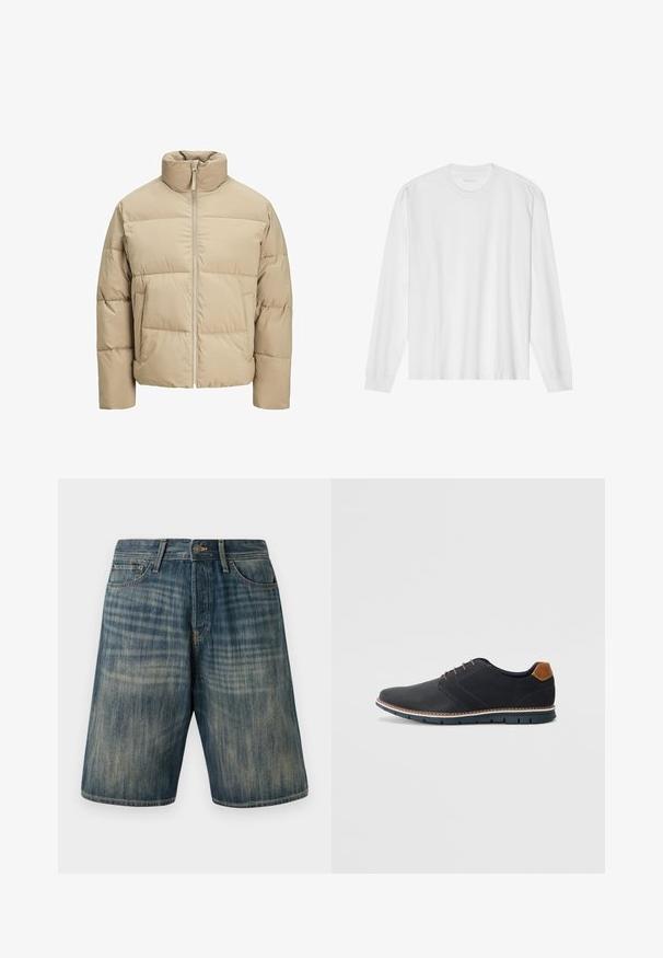 Chaqueta de plumas beige con cuello alto, cierre frontal con cremallera, corte oversized, secciones acolchadas horizontales y bolsillos laterales.; Camiseta de algodón blanca de manga larga con cuello redondo y puños acanalados. Diseño simple y sin adornos, con una textura suave y corte estándar.; Shorts de mezclilla en azul claro con un lavado desvanecido, que presentan cinco bolsillos, presillas para el cinturón y un cierre de botón en la cintura.; Zapatos sintéticos negros con un upper texturizado, acentos lisos, tacón marrón y una suela en contraste. Presenta un cordón mínimo y detalles de costura.