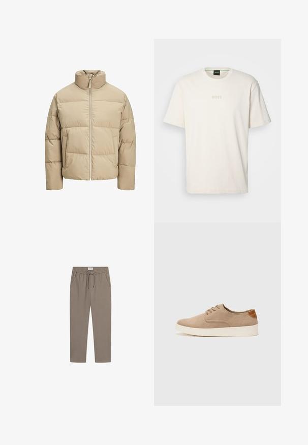 Beżowa kurtka puchowa z wysokim kołnierzem, zamkiem z przodu, luźnym krojem, poziomymi pikowaniami i kieszeniami bocznymi.; BOSS - T-shirt basic; Szare spodnie dresowe z elastycznym pasem, sznurkiem i bocznymi kieszeniami. Materiał wydaje się gładki, z luźnym krojem i zwężanymi nogawkami.; Beżowe zamszowe sneakersy z okrągłym noskiem, sznurowanym przodem i teksturowanym akcentem na tyle. Biała gumowa podeszwa tworzy kontrast. Prosty i nowoczesny design.