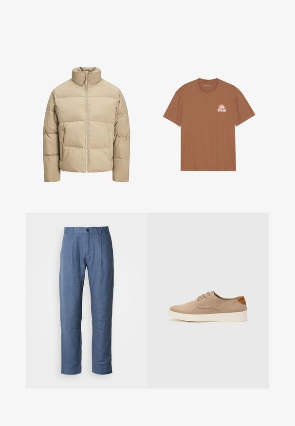 Beige pufferjakke med høy krage, glidelås foran, oversized passform, horisontale quiltingsseksjoner og sidelommer.; Brun kortermet T-skjorte laget av bomull, med et rosa solgrafikk og "SOLAR" tekst på venstre bryst. Rund halsdesign.; Lett blå linbukser med rett ben-design, som har knappeåpning, folder i midjen og en glattere tekstur.; Beige semskinnsko med rund tå, snøring foran og en teksturert bakre aksent. Hvit gummisåle gir kontrast. Enkelt og moderne design.