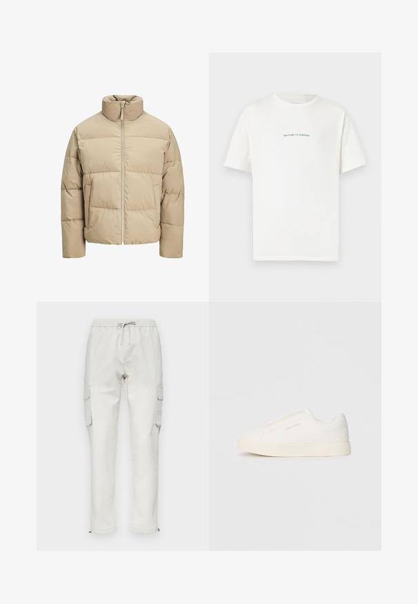 Beige színű puffermellény magas gallérral, elülső cipzárral, oversized fazonnal, vízszintesen steppelt részekkel és oldalsó zsebekkel.; Fehér pamut póló rövid ujjal és kerek nyakkal. Középre elhelyezett szöveg olvasható: "ÜDVÖZÖLJÜK A PARADICSOMBAN" íves zöld betűtípussal.; Világos bézs színű, pamut anyagú cargo nadrág, elasztikus derékkal és húzózsinórral, oldalsó zsebekkel és cipzárokkal a bokáknál.; Fehér slip-on sportcipők texturált felülettel, vastag talppal és minimalista dizájnnal. Az oldalon a márka logója található.
