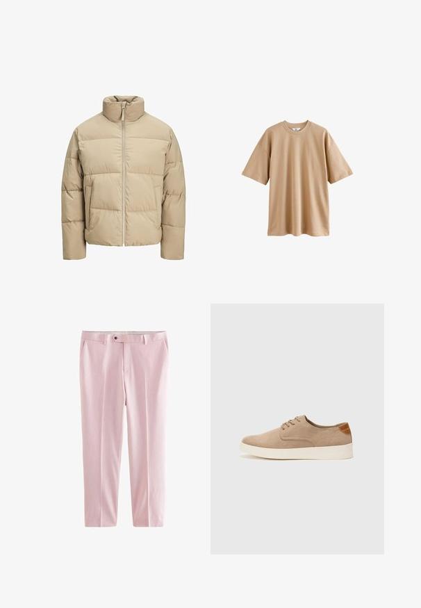 Beige pufferjack met een hoge kraag, ritssluiting aan de voorkant, oversized pasvorm, horizontaal doorgestikte secties en zijzakken.; Korte mouwen beige t-shirt van katoen met een ronde hals en een ontspannen pasvorm, met een gladde textuur en zonder patronen of accenten.; Next MOTIONFLEX - Pantalon - pink; Beige suède sneakers met een ronde neus, vetersluiting aan de voorkant en een getextureerde achteraccent. De witte rubberen zool zorgt voor contrast. Eenvoudig en modern ontwerp.