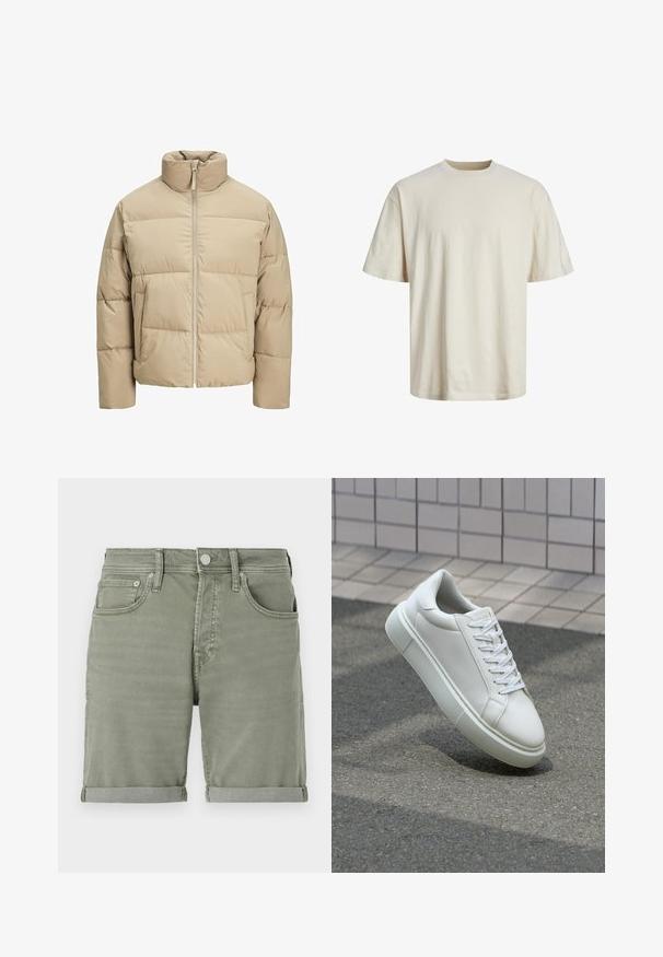 Beige pufferjakke med høy krage, glidelås foran, oversized passform, horisontale quiltingsseksjoner og sidelommer.; Crewneck bomull t-skjorte i off-white, med korte ermer, avslappet passform og en glatt, lett tekstur.; Grønne denimshorts med rullet kant, som har frontlommer, knaplukning og en let falming for et afslappet look.; Hvit lær sneaker med glatt overflate, rund tå og flate hvite snøringer. Har en teksturert gummisåle og minimale design elementer.