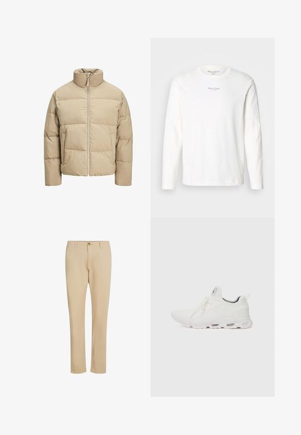 Beige puffatakki korkealla kauluksella, etuvetoketjulla, ylisuurella istuvuudella, vaakasuorilla tikkauksilla ja sivutaskuilla.; Pitkähihainen valkoinen puuvillapaita. Ominaisuudet: pyöreä pääntie ja pieni musta logoteksti keskitettynä rinnassa. Pehmeä rakenne, rento muotoilu.; Beige-housut suoran lahkeen muotoilulla, varustettuna vetoketjulla ja nappiläpällä, valmistettu sileästä kankaasta, jossa on hienovaraisia ompelutietoja.; Valkoiset urheilukengät, joissa on teksturoitu neulepinta, litteät nauhat ja pehmustettu pohja, jossa on näkyvät ilmakammiot lisätuen tarjoamiseksi.