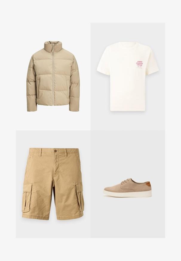 Beige puffer jacket with a high collar, front zip closure, oversized fit, horizontal quilted sections, and side pockets.; White short-sleeve T-shirt with red text "Studio Originals Edition" on left chest, displayed on a neutral gray background.; Beige cargo shorts made of lightweight cotton, featuring two large side pockets, a button closure, and belt loops. Smooth texture.; Beige suede sneakers with a rounded toe, lace-up front, and a textured back accent. White rubber sole provides contrast. Simple and modern design.