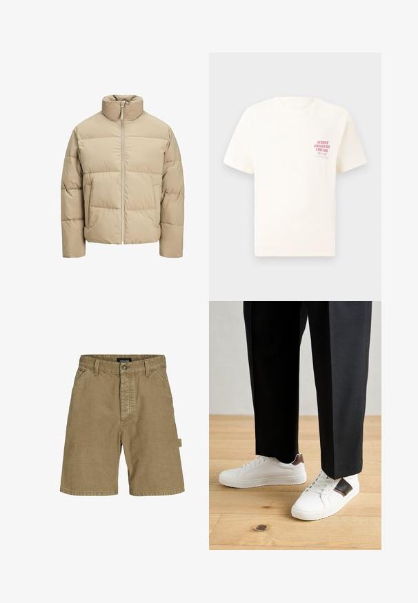Giubbotto imbottito beige con colletto alto, chiusura frontale a zip, vestibilità oversize, sezioni trapuntate orizzontali e tasche laterali.; T-shirt bianco a maniche corte con testo rosso "Studio Originals Edition" sul lato sinistro del petto, esposto su uno sfondo grigio neutro.; Pantaloni corti beige in cotone con taglio dritto, dotati di tasche laterali, chiusura con bottone frontale e etichetta del logo sulla parte posteriore.; Sneakers bianchi dalla texture liscia, con dettagli in pelle marrone e particolari neri, abbinati a pantaloni neri su misura. Sfondo in parquet.