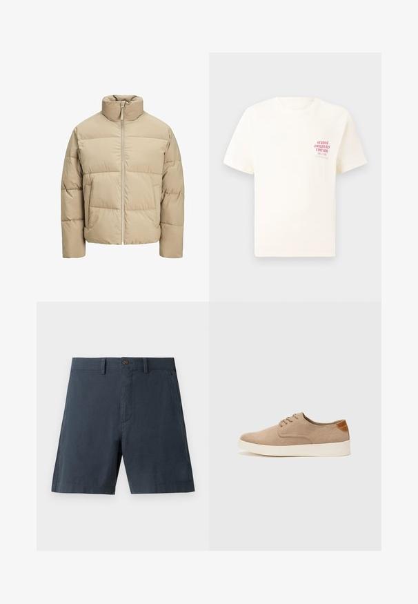 Veste matelassée beige avec un col montant, fermeture éclair à l'avant, coupe oversize, sections matelassées horizontales et poches latérales.; T-shirt blanc à manches courtes avec le texte rouge "Édition Originals du Studio" sur la poitrine gauche, présenté sur un fond gris neutre.; Shorts bleu marine en mélange de coton, avec fermeture à bouton, poches latérales et coupe droite.; Baskets en daim beige avec un embout arrondi, un laçage sur le devant et un accent texturé à l'arrière. La semelle en caoutchouc blanche offre un contraste. Design simple et moderne.