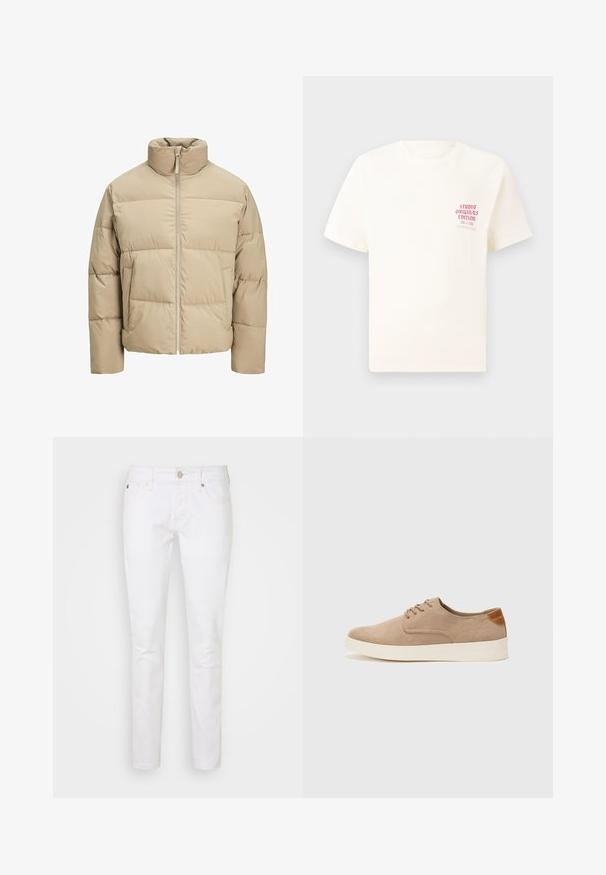 Beež puffer jope kõrge kaelusega, ees lukuga, üle mõõtme sobivusega, horisontaalsete tepitud osadega ja küljetaskutega.; Valge lühikeste varrukatega T-särk, millel on vasakul rinnal punane tekst "Studio Originals Edition", esitatud neutraalsel hallil taustal.; Valged denimihiusid kitsase lõikega, klassikalise viie tasku disainiga, nööbivarruga ja peente õmblusdetailidega.; Beežid nahast tossud ümarate varvastega, paeltega esiosa ja tekstuuriga tagakontuuriga. Valge kummist tallapakkumine loob kontrasti. Lihtne ja kaasaegne disain.