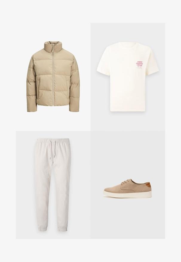 Beige puffer jacket with a high collar, front zip closure, oversized fit, horizontal quilted sections, and side pockets.; White short-sleeve T-shirt with red text "Studio Originals Edition" on left chest, displayed on a neutral gray background.; Light beige jogger pants made of soft fabric, featuring an elastic waistband with drawstring, cuffed ankles, and side pockets.; Beige suede sneakers with a rounded toe, lace-up front, and a textured back accent. White rubber sole provides contrast. Simple and modern design.