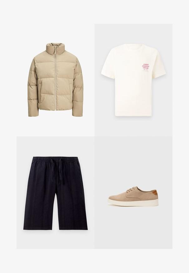 Beež puffer jope kõrge kaelusega, ees lukuga, üle mõõtme sobivusega, horisontaalsete tepitud osadega ja küljetaskutega.; Valge lühikeste varrukatega T-särk, millel on vasakul rinnal punane tekst "Studio Originals Edition", esitatud neutraalsel hallil taustal.; Mustad, põlvepikkused lühikesed püksid on valmistatud kergetest kangast. Omavad elastset vööd, millel on nöör ja sile tekstuur. Lihtne disain.; Beežid nahast tossud ümarate varvastega, paeltega esiosa ja tekstuuriga tagakontuuriga. Valge kummist tallapakkumine loob kontrasti. Lihtne ja kaasaegne disain.