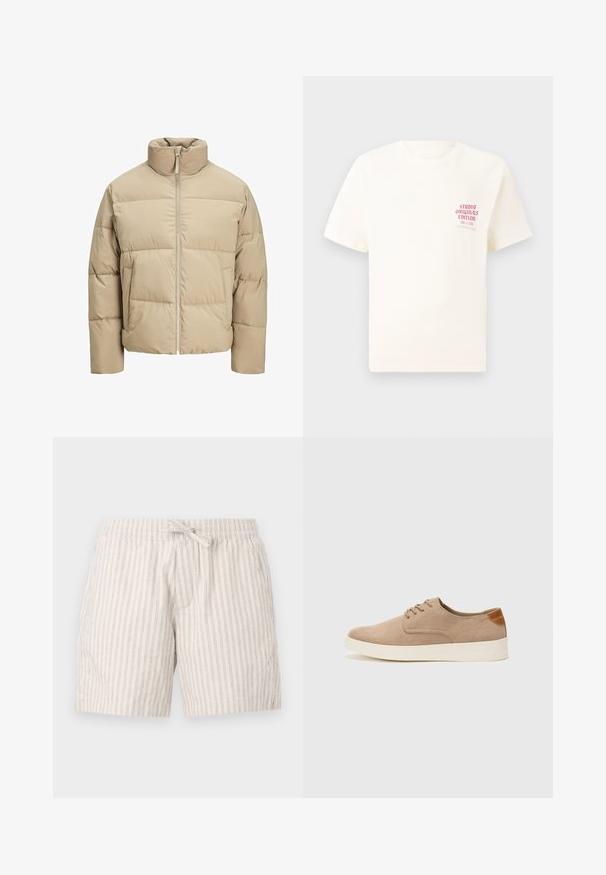 Veste matelassée beige avec un col montant, fermeture éclair à l'avant, coupe oversize, sections matelassées horizontales et poches latérales.; T-shirt blanc à manches courtes avec le texte rouge "Édition Originals du Studio" sur la poitrine gauche, présenté sur un fond gris neutre.; Shorts beige clair en tissu texturé avec de fines rayures verticales, dotés d'une taille élastique et d'un nœud décoratif.; Baskets en daim beige avec un embout arrondi, un laçage sur le devant et un accent texturé à l'arrière. La semelle en caoutchouc blanche offre un contraste. Design simple et moderne.