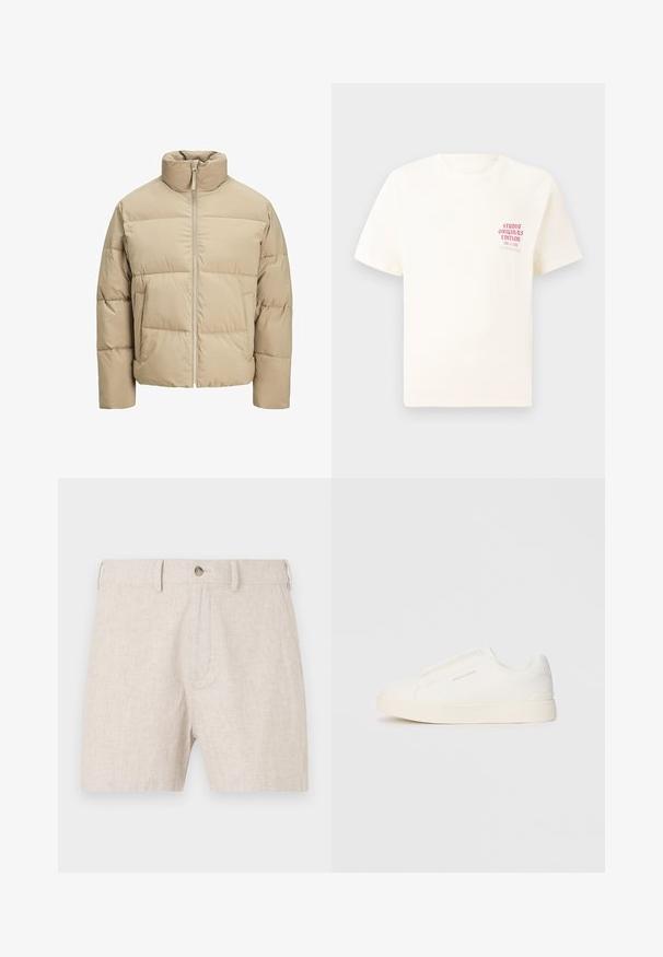Veste matelassée beige avec un col montant, fermeture éclair à l'avant, coupe oversize, sections matelassées horizontales et poches latérales.; T-shirt blanc à manches courtes avec le texte rouge "Édition Originals du Studio" sur la poitrine gauche, présenté sur un fond gris neutre.; Shorts en lin beige clair, avec un bouton de fermeture et une coupe classique avec une texture subtile. Pas de poches visibles dans le design.; Baskets blanches sans lacets avec une surface texturée, une semelle épaisse et un design minimaliste. Présente le logo de la marque sur le côté.