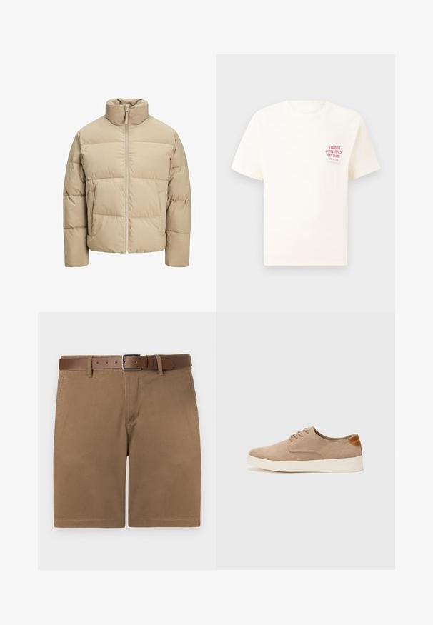 Chaqueta de plumas beige con cuello alto, cierre frontal con cremallera, corte oversized, secciones acolchadas horizontales y bolsillos laterales.; Camiseta blanca de manga corta con el texto rojo "Edición de Studio Originals" en el lado izquierdo del pecho, exhibida sobre un fondo gris neutro.; Pantalones cortos de algodón marrón con una superficie texturizada, que cuentan con un cinturón de cuero marrón con una hebilla en tono plateado y un corte recto clásico.; Zapatillas de ante beige con puntera redondeada, cordones en la parte delantera y un acento texturizado en la parte trasera. La suela de goma blanca proporciona contraste. Diseño sencillo y moderno.