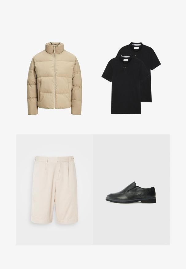 Beige pufferjakke med høy krage, glidelås foran, oversized passform, horisontale quiltingsseksjoner og sidelommer.; To svarte polo skjorter, kortermet, i bomullsmateriale, med krage i klassisk stil, to-knapps knappestolpe, og hvite striper inni kragen.; Beige, plisserte shorts laget av glatt stoff, med sidelommer og rett snitt, egnet for uformell bruk.; Sorte skinn slip-on sko med en jevn overflate, stikking detaljer, rund tå og en lav gummihæl. Sålen har minimal mønstring.