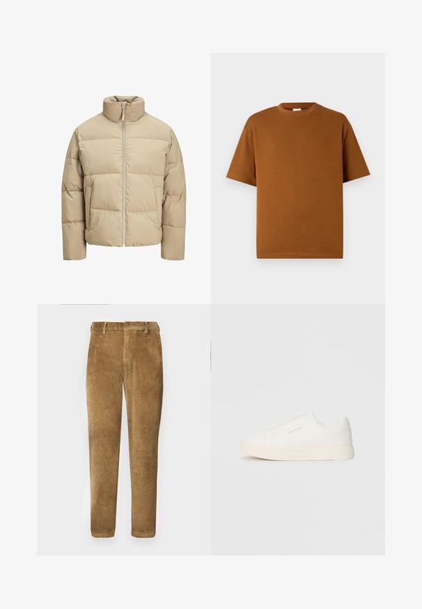 Veste matelassée beige avec un col montant, fermeture éclair à l'avant, coupe oversize, sections matelassées horizontales et poches latérales.; T-shirt marron à manches courtes en tissu doux, avec un col rond et une coupe décontractée à ourlet droit. Pas de motifs ni d'accents visibles.; Pantalon en velours côtelé marron avec texture à côtes verticales, coupe droite, fermeture à bouton et passants de ceinture. Tissu lisse avec une finition douce.; Baskets blanches sans lacets avec une surface texturée, une semelle épaisse et un design minimaliste. Présente le logo de la marque sur le côté.
