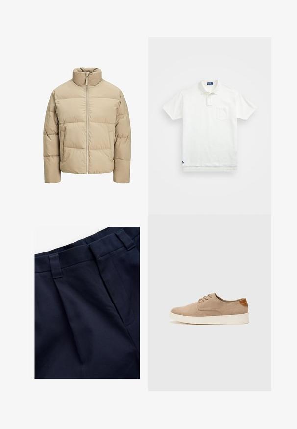 Veste matelassée beige avec un col montant, fermeture éclair à l'avant, coupe oversize, sections matelassées horizontales et poches latérales.; Polo shirt blanc en coton, avec un col classique, une patte de boutonnage à trois boutons et une poche sur la poitrine à gauche ; petit logo en bas.; Pantalons plissés navy en tissu lisse et texturé. Présentent une taille plate et des passants de ceinture, conçus pour le confort et l'ajustement.; Baskets en daim beige avec un embout arrondi, un laçage sur le devant et un accent texturé à l'arrière. La semelle en caoutchouc blanche offre un contraste. Design simple et moderne.