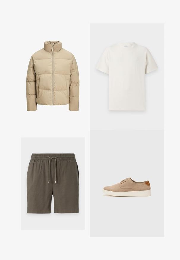 Beige puffer jacket with a high collar, front zip closure, oversized fit, horizontal quilted sections, and side pockets.; White short-sleeve T-shirt in a ribbed texture. Round neckline, relaxed fit, no visible patterns or accents. Simple and versatile design.; Dark green shorts with an elastic waistband, drawstring closure, and a smooth, lightweight texture. No visible pockets or patterns.; Beige suede sneakers with a rounded toe, lace-up front, and a textured back accent. White rubber sole provides contrast. Simple and modern design.