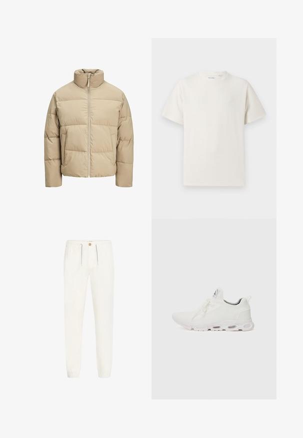 Beige színű puffermellény magas gallérral, elülső cipzárral, oversized fazonnal, vízszintesen steppelt részekkel és oldalsó zsebekkel.; Fehér, rövid ujjú póló bordázott textúrával. Kerek nyakkivágás, laza szabás, nincs látható minta vagy díszítés. Egyszerű és sokoldalú dizájn.; Fehér, könnyű nadrág, puha anyagból készült. Rugalmas derékrésszel, zsinórral, gombos záródással és bordázott mandzsettával rendelkezik.; Fehér sportcipők, texturált kötött felsőrésszel, lapos fűzőkkel és párnázott talppal, amely látható légkamrákkal rendelkezik a megerősített kényelem érdekében.