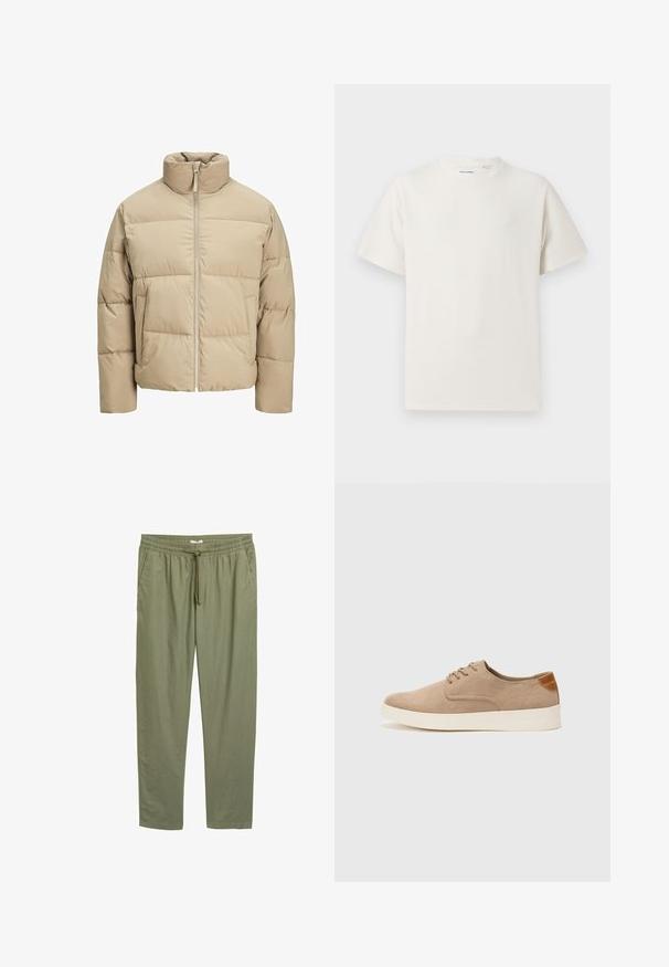 Beige pufferjack met een hoge kraag, ritssluiting aan de voorkant, oversized pasvorm, horizontaal doorgestikte secties en zijzakken.; Witte korte mouwen T-shirt met ribbelstructuur. Ronde hals, ontspannen pasvorm, geen zichtbare patronen of accenten. Eenvoudig en veelzijdig ontwerp.; Olijfgroene, lichte, taps toelopende broek met een elastische tailleband en trekkoord. Heeft zijzakken en een gladde textuur.; Beige suède sneakers met een ronde neus, vetersluiting aan de voorkant en een getextureerde achteraccent. De witte rubberen zool zorgt voor contrast. Eenvoudig en modern ontwerp.