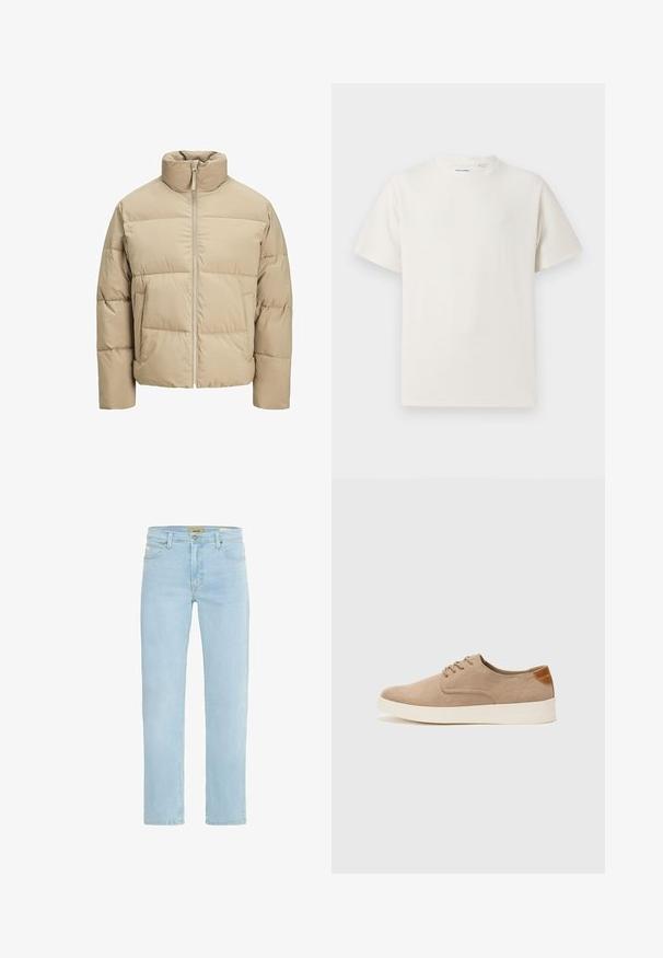 Beež puffer jope kõrge kaelusega, ees lukuga, üle mõõtme sobivusega, horisontaalsete tepitud osadega ja küljetaskutega.; Valge lühikeste varrukatega T-särk ribakudumises. Ümar kaelus, mugav lõige, nähtavad mustrid ega aksessuaarid puuduvad. Lihtne ja mitmekesine disain.; Heledad sinine denimist teksapüksid, sirge jala disainiga, klassikalise viie tasku stiiliga ning ees metallnuppudega kinni pandud.; Beežid nahast tossud ümarate varvastega, paeltega esiosa ja tekstuuriga tagakontuuriga. Valge kummist tallapakkumine loob kontrasti. Lihtne ja kaasaegne disain.