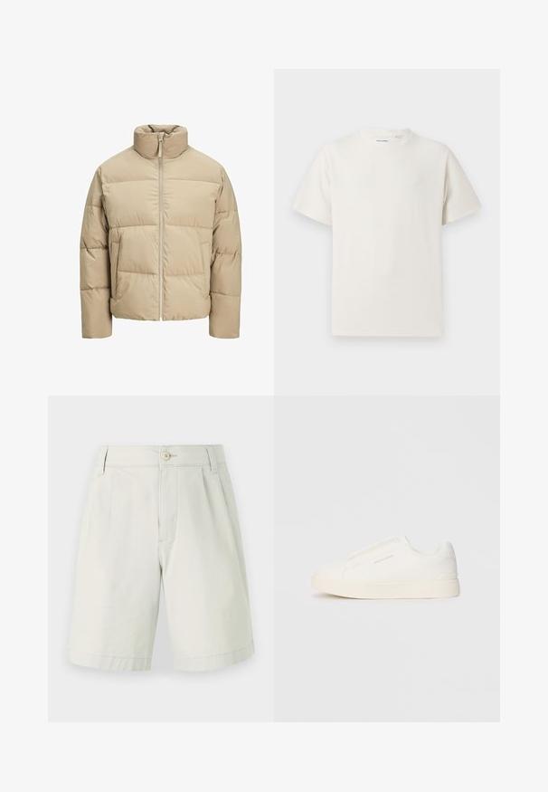 Jachetă de tip puffer bej, cu guler înalt, închidere prin fermoar frontal, croială supradimensionată, secțiuni cusute orizontal și buzunare laterale.; Tricou alb cu maneci scurte, dintr-un material ribbed. Guler rotund, croi lejer, fără modele sau accente vizibile. Design simplu și versatil.; Pantaloni scurți din bumbac gri deschis, cu un design plat în față, închidere cu nasture, două buzunare laterale și un croi drept. Textură netedă, până la genunchi.; Tenisi albi slip-on cu o suprafață texturată, talpă groasă și un design minimalist. Prezintă logo-ul brandului pe lateral.