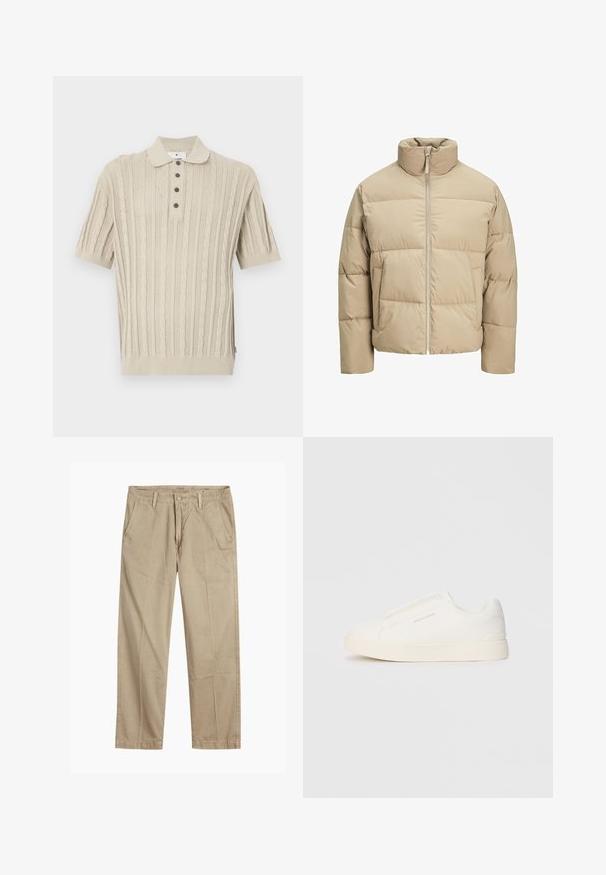 Beige Pufferjacke mit hohem Kragen, vorderem Reißverschluss, oversized Passform, horizontalen Steppnähten und seitlichen Taschen.; Beige gestricktes Polohemd mit kurzen Ärmeln, das über Kabelmuster, eine Dreiknopfleiste sowie gerippte Säume und Bündchen verfügt.; Beige gerade geschnittene Chinos mit Gürtelschlaufen, vorderem Knopf- und Reißverschlussverschluss sowie schrägen Fronttaschen.; Weiße Slip-On-Sneaker mit einer strukturierten Oberfläche, dicker Sohle und minimalistischem Design. Mit Logo der Marke an der Seite.