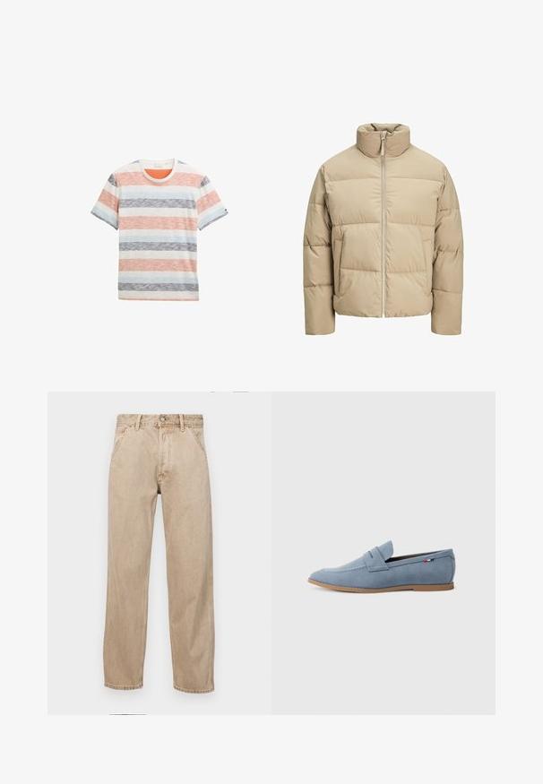 Chaqueta de plumas beige con cuello alto, cierre frontal con cremallera, corte oversized, secciones acolchadas horizontales y bolsillos laterales.; Camiseta de rayas de algodón, con amplias rayas horizontales en naranja, azul, gris y blanco, con cuello redondo y mangas cortas.; Jeans de mezclilla beige con un diseño de pierna recta, que cuentan con bolsillos frontales, cierre de botón de metal y una textura sutil.; Mocasin de ante azul claro con textura suave, costura decorativa y suela de goma marrón. Presenta un diseño de ranura para moneda en la parte superior.
