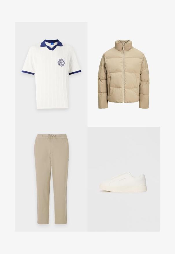 Beige pufferjack met een hoge kraag, ritssluiting aan de voorkant, oversized pasvorm, horizontaal doorgestikte secties en zijzakken.; Witte polo met korte mouwen, voorzien van een marineblauwe kraag en afwerking. Heeft een gestructureerd patroon en een marineblauwe badge met de tekst "EST 1980".; Beige loungebroeken met een elastische tailleband en trekkoord, met een recht model en een zachte, gladde textuur.; Witte instap sneakers met een gestructureerd oppervlak, een dikke zool en een minimalistisch ontwerp. Bevat het merklogo aan de zijkant.