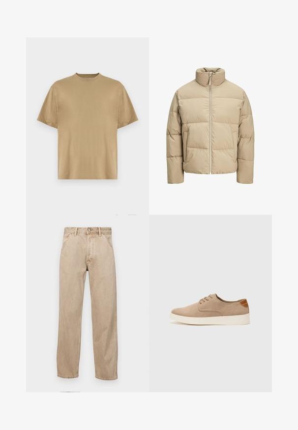 Beige pufferjakke med høy krage, glidelås foran, oversized passform, horisontale quiltingsseksjoner og sidelommer.; Khaki kortermet T-skjorte laget av mykt stoff, med rund hals og en avslappet passform. Ingen mønstre eller grafikk er synlige.; Beige denimjeans med rett ben design, med frontlommer, metallknapplukking og subtil tekstur.; Beige semskinnsko med rund tå, snøring foran og en teksturert bakre aksent. Hvit gummisåle gir kontrast. Enkelt og moderne design.