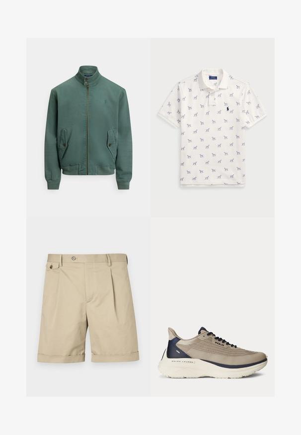 Giubbotto bomber in cotone verde con collo a listino, cerniera frontale, due tasche laterali e polsini a coste. Presenta un piccolo logo sul petto.; Polo bianco in cotone, con motivo a cani blu ripetuto e un piccolo logo blu sul petto. Maniche corte e colletto.; Pantaloni corti beige in misto cotone, con pieghe frontali, chiusura a bottone e risvolti per un tocco di design in più.; Scarpa sportiva beige con una parte superiore in rete testurizzata, accenti blu navy, suola bianca spessa e dettagli di design intricati. Presenta lacci e branding del logo.