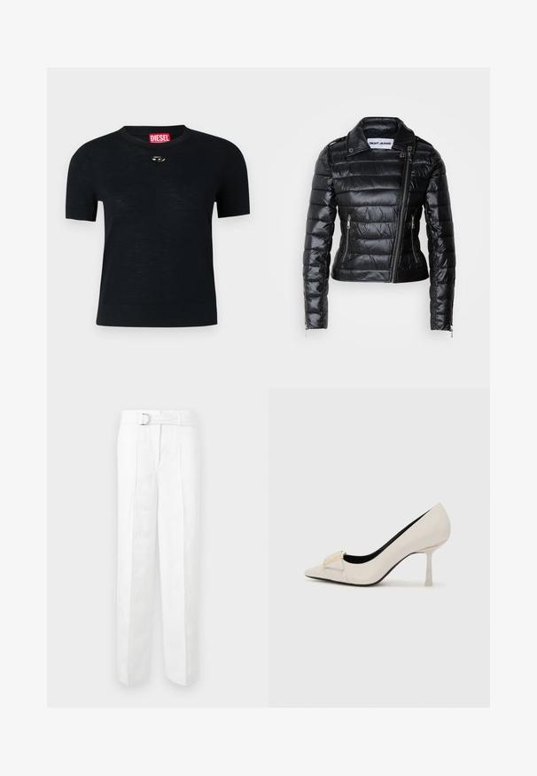 Juodas pūkinis švarkas su aptemptu dizainu, metaliniais akcentais, įstrižais priekyje esančiais užtrauktukais ir paminkštinta tekstūra. Savinasi snap mygtukus ant apykaklės.; Juodas trumpomis rankovėmis marškinėliai su apvalia iškirpte, pagaminti iš minkštos medžiagos, su apvaliu sidabro akcentu prie apykaklės ir raudona etikete.; Balti pritaikyti kelnių modeliai, turintys plačią blauzdą, diržo kilpas ir diržą su sidabriniu sagtimi. Pagaminti iš lengvos medžiagos su lygaus paviršiumi.; Bežiniai aukšti kulniukai su smailiu priekiu, blizgus odos paviršius, aukso tono akcentai priekyje ir lieknas stiletto kulnas.