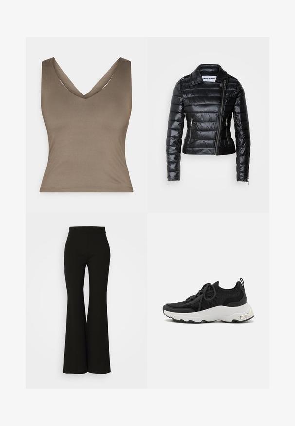 Schwarze Pufferjacke mit taillierter Passform, metallischen Akzenten, diagonalem Front-Reißverschluss und gepolstertem Material. Verfügt über Druckknöpfe am Kragen.; Braunes, ärmelloses Top mit tiefem V-Ausschnitt, aus glattem Stoff gefertigt. Hat eine taillierte Silhouette und saubere, minimalistische Nähte.; Schwarze, ausgestellte Hosen aus einem glatten, dehnbaren Material; hoher Taillenbund; klare Linien ohne sichtbare Taschen oder Verzierungen.; Schwarze Sneaker mit einem strukturierten Strick-Obermaterial, Schnürverschluss, gepolstertem Kragen und einer klobigen weißen Außensohle mit einem metallischen Akzent an der Ferse.