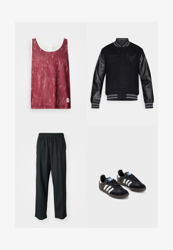 Casaco varsity preto com mangas de couro cinza, apresentando o logótipo e lettering dos Chicago Bulls. Colarinho e punhos canelados com detalhes listrados.; Camisola sem mangas em malha vermelha com um padrão ligeiramente desbotado e desgastado. Apresenta um acabamento branco ao longo do decote e das aberturas das mangas, e uma pequena etiqueta de logótipo na parte inferior.; Calças atléticas pretas com um cós elástico, feitas de tecido suave, com costuras laterais discretas e um ajuste descontraído, design de perna reta.; Sneakers pretos com parte superior em camurça e sintético, apresentando três riscas brancas, sola de borracha texturizada e etiqueta azul no linguete.