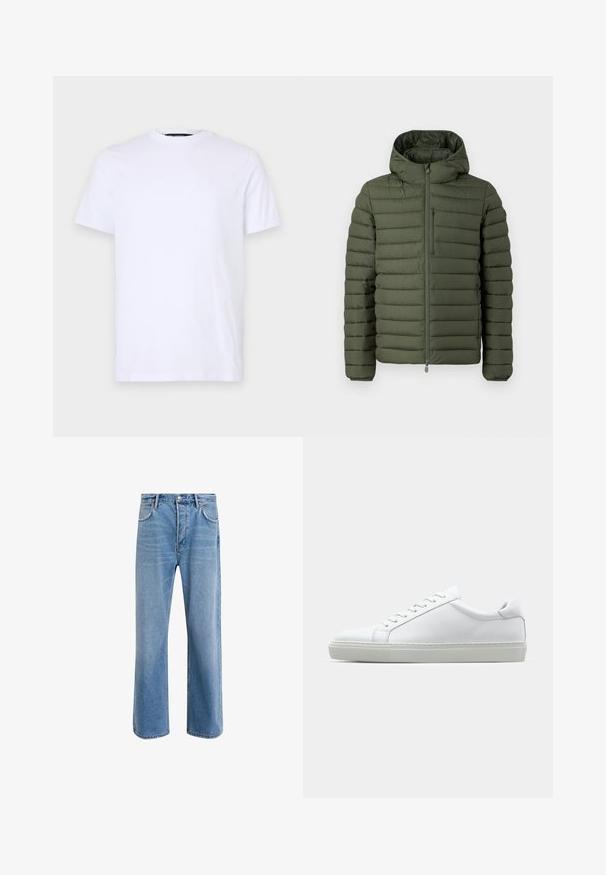 Soojad oliivrohelised jope kapuutsiga, millel on horisontaalne tikkimisdisain, ees lukuga kinnitamine ja lukuga rind pocket.; Valge puuvillane T-särk lühikeste varrukatega, ümar kaelus, millel on vasakul rinnal õrn reljeefne logo ja sile tekstuur.; Heledad sinine teksapüksid otse lõikega, viie taskuga, nupuga sulgemine, minimaalne kulumine ja kontrastsed õmbluse detailid.; Valge tennisetoss, millel on sile nahk pealis ja madal profiil. Omab ümarat ninaosa, kuut silmust ja tekstuuriga kummist talda.