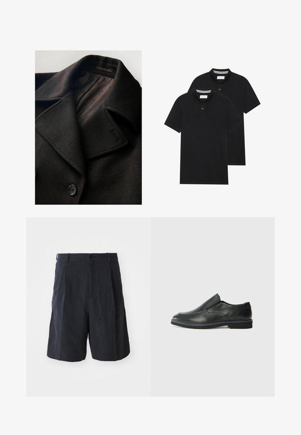 Schwarzer Wollmantel mit großen Revers, doppelter Knopfverschluss und glattem, gemustertem Innenfutter. Strukturierter, weicher Stoff.; Zwei schwarze Polohemden, kurzärmlig, aus Baumwolle, mit einem klassischen Kragen, zwei Knöpfen und weißen Streifenakzenten im Inneren des Kragens.; Weekday LOOSE SUIT - Shorts - black; Schwarze Leder-Slipper mit glattem Obermaterial, gesteppten Akzenten, runder Zehenpartie und niedrigem Gummiabsatz. Die Sohle hat ein minimales Profil.