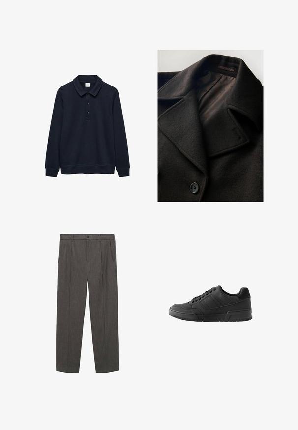 Czarny wełniany płaszcz z dużymi klapami, podwójnym zapięciem na guziki oraz gładką, wzorzystą podszewką. Teksturowany, miękki materiał.; Granatowa koszulka polo z długim rękawem, wykonana z miękkiego materiału, z zagiętym kołnierzykiem, trzema guzikami oraz ściągaczami przy mankietach i u dołu.; Szare, dopasowane spodnie wykonane z teksturowanej tkaniny. Posiadają zapięcie na guzik, dwie kieszenie z przodu oraz prostą nogawkę.; Czarne sneakersy z gładką skórzaną cholewką, kontrastującymi zamszowymi akcentami, wyraźnie zarysowanym kształtem oraz teksturowaną gumową podeszwą.