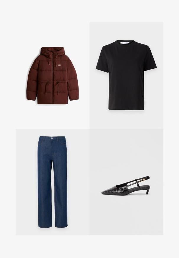 Braune Pufferjacke mit angenähter Kapuze, Reißverschluss vorne und Kordelzug. Besitzt eine gesteppten Struktur und zwei Vorderaschen.; Schwarzes T-Shirt mit kurzen Ärmeln aus weicher Baumwolle, mit rundem Ausschnitt, lockerer Passform und glatter Textur. Keine sichtbaren Muster oder Grafiken.; Dunkelblaue Denim-Jeans mit geradem Bein, Fünf-Taschen-Design, silberner Knopfleiste und dezenten Nähdetails an den Taschen.; Schwarze Leder-Pumps mit spitzer Zehenform, Kroko-Prägung, kleinem gestapeltem Absatz und verstellbarem Riemen mit metallicfarbener Schnalle.